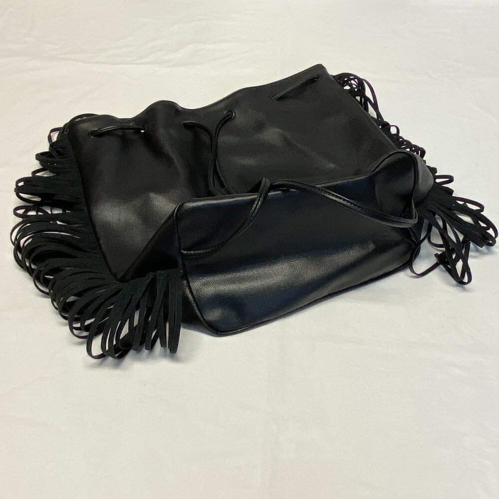 Victoria’s Secret Black Fringe Faux Leather Backpack Tote NWT Slide Closure Bag - Picture 7 of 15